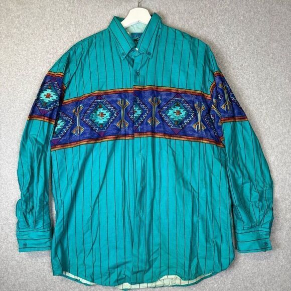 Roper Mens Size Large Aztec Print Button Front Shirt Blue Turquoise Long Sleeve - Picture 1 of 8